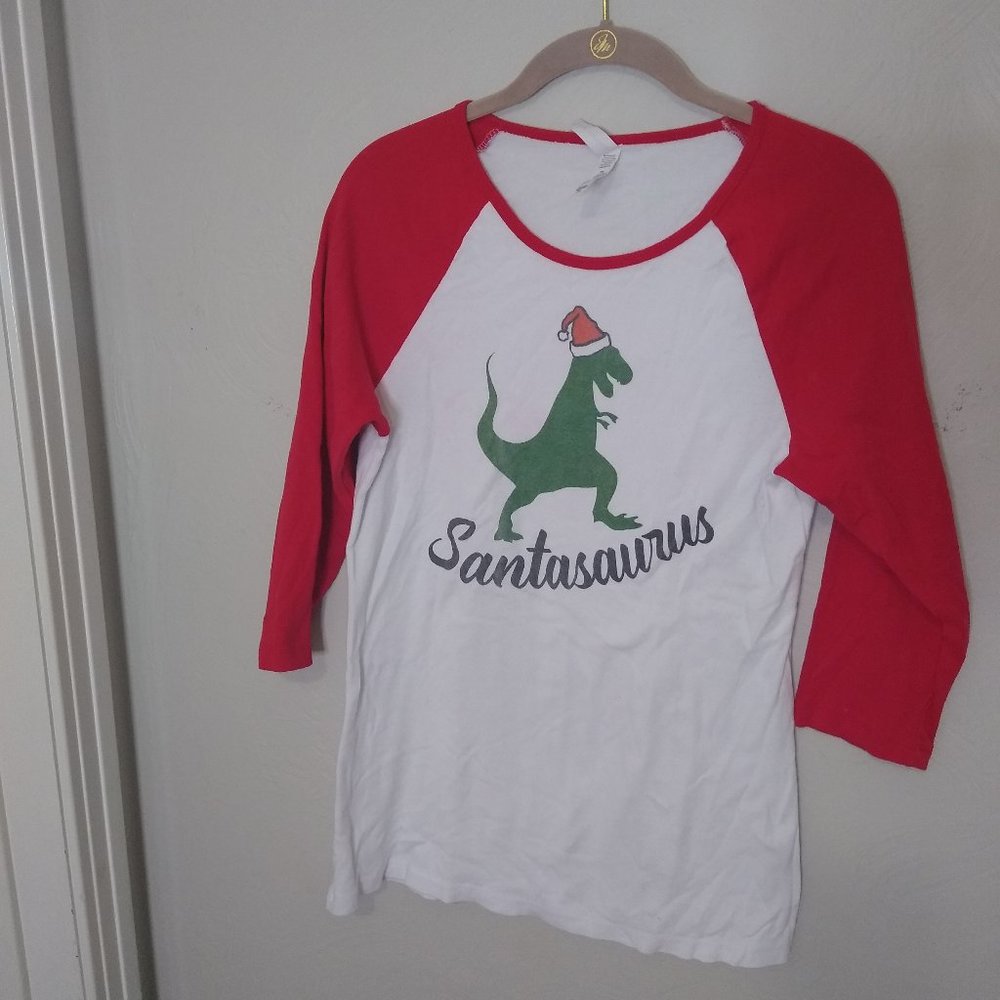 Santasaurus christmas dinosaur baseball tee